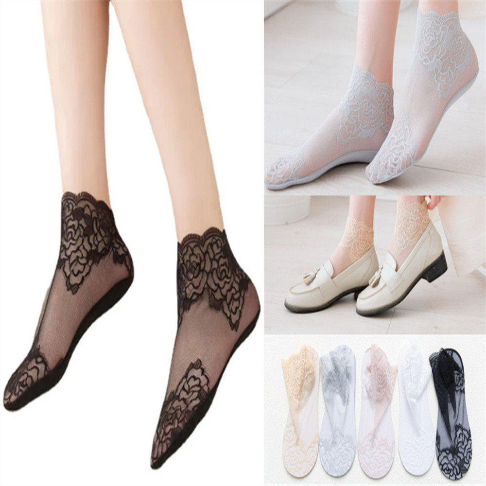 Invisibility Sock Loafer - Kadın Dantel Gül Desenli İnce Çoraplar